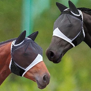 Imagem de 2 peças de máscara de mosca com orelhas para cavalos capa de rosto de cavalo de malha elástica macia, proteção para os olhos respirável, máscaras de proteção UV para cavalos (preto, G)