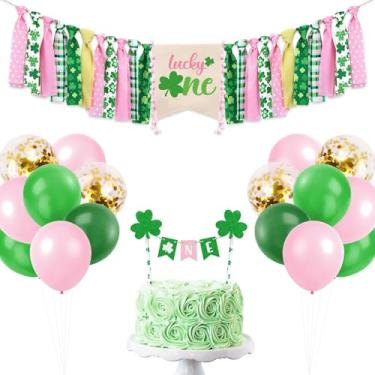 Imagem de St. Patrick's Day First Birthday Highchair Burlap Banner Girls Shamrock Clover Irish 1st Birthday Party Decor Pink Lucky One Glitter Cake Topper Green Boho Rainbow Birthday Hat St. Paddy's Day