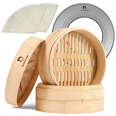 Imagem de Cesta para vaporizador de bambu – Vaporizador de bambu de 25,5 cm com 2 camadas para cozinhar Dim Sum, Momo, Arroz – Pão de Bao – Cestas de vapor chinesas naturais com conjunto de anéis de aço