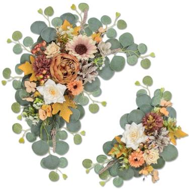 Imagem de Odouzy Flores artificiais de arco de casamento para placa de casamento, conjunto de 2 para sinal de cerimônia de boas-vindas de casamento, decoração floral de banquete e recepção (café laranja)