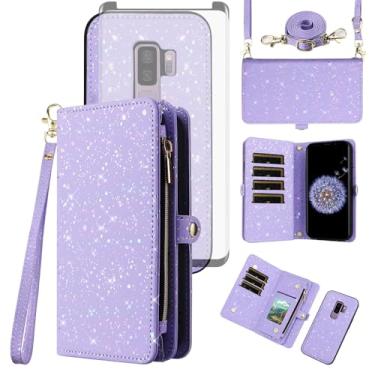 Imagem de Asuwish Capa de celular para Samsung Galaxy S9 Plus com zíper carteira magnética destacável com protetor de tela de vidro temperado e suporte de cartão com glitter, suporte celular S9+ 9S 9+ S 9 9plus
