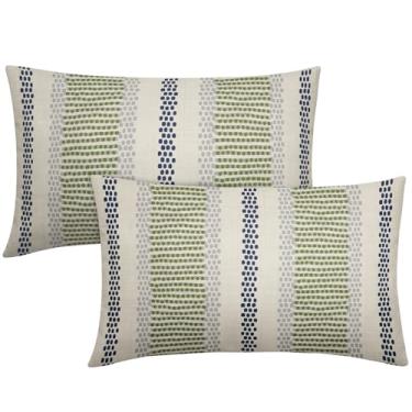 Imagem de Aytipun Capas de Almofada Azul-Marinho Verde-Limão 12X20 Conjunto de 2 Fronhas Decorativas para Exterior com Estampa de Bolinhas Cinza Listradas Lombar Retângulo Boho Rústico Casa (12" X 20" (Pacote C