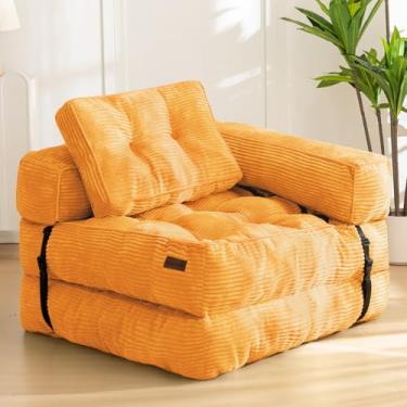 Imagem de MAXYOYO Sofá-cama dobrável, sofá-cama conversível em forma de L com apoio de braço dobrável com travesseiro, cadeira dobrável portátil, sofá confortável para sala de estar, quarto, laranja