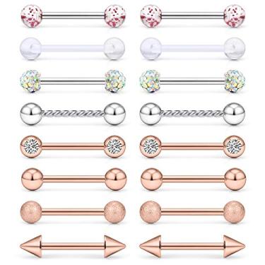Imagem de SCERRRING 8 pares de piercings para mamilo 14 g de aço inoxidável CZ transparente língua reta barra anéis retentor joia corporal piercing para mulheres homens 9/16 polegadas