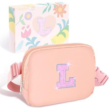 Imagem de COSHAYSOO Pochete de cintura pequena com faixa ajustável com inicial de letra remendo alça ajustável para mulheres adolescentes correndo viajando academia caminhadas, mini bolsa transversal de viagem transversal transversal bolsa moderna, rosa, Small, L