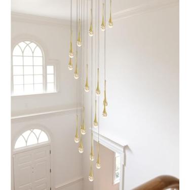 Imagem de chandiry Lustre De Cristal Em Espiral Longo Com Gotas De Chuva, Luminária De Teto Alto Para Hall De Entrada, Corredor, Sala De Estar, Escada, Led Regulável 2700-6000K (Dourado, 18 Luzes)