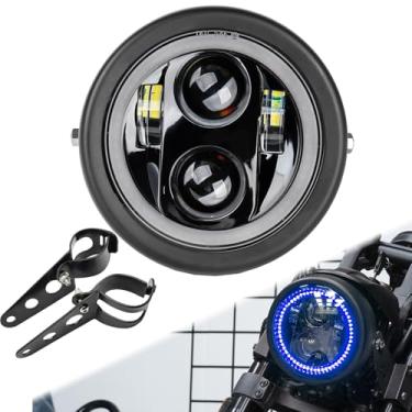 Imagem de SINLIRU Farol de motocicleta LED preto de 14,6 cm, 14,6 cm, halo azul fumado, DRL, com concha preta fosca, suportes de montagem lateral de tubo de garfo de 32 a 40 mm compatíveis com motocicletas