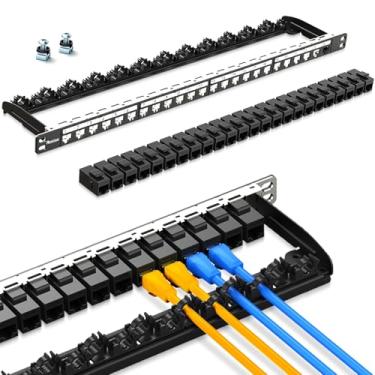 Imagem de PBAEGAV Patch Panel 24 portas 0,5U com 6 peças CAT6 acoplador Keystone Jack UTP Network Patch Panel 10G sem perfuração Economia de tempo Ethernet Rj45 com barra traseira resistente (com conector Cat6A