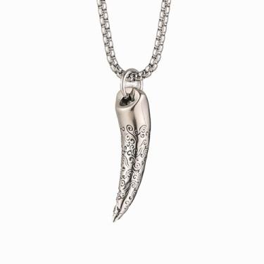 Imagem de Colar com pingente punk hip hop rock dente de lobo, padrões requintadamente esculpidos, aço inoxidável 316L, corrente de pérola quadrada de aço inoxidável prata, joia vintage presente para homens e