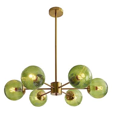 Imagem de BOKT Esfera de vidro verde pingente luz de meados do século moderno ouro 6 luzes globo Sputnik lustre luminária de latão escovado lustre pendente para cozinha ilha sala de jantar