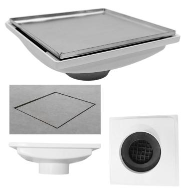 Imagem de Ralo Invisível 20x20 Base Inox 304 Cola Piso Coletor Plástico Branco Saída 100mm com Sifão