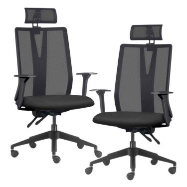 Imagem de Kit 2 Cadeiras Escritório Giratória Presidente Flow F02 Base Preta Crepe Preto - Lyam Decor