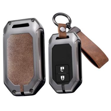 Imagem de HIBEYO Capa de chaveiro de 2/4 botões compatível com Suzuki Swift Spacia MK53S Jimny Sierra Wagon R acessórios de liga de couro com chaveiros - marrom chaveiro longo