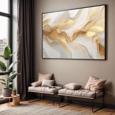 Imagem de Quadro com Moldura Sala Quarto 90x60 Abstrato Dourado Branco Mármore Decorativo Horizontal Grande Hall