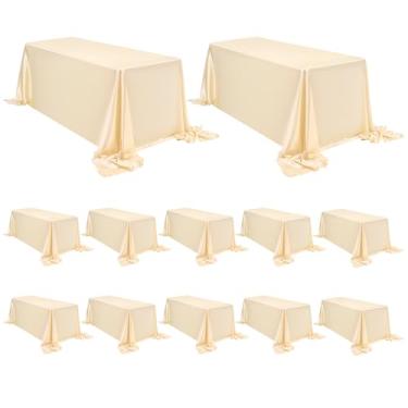 Imagem de FXKS Pacote com 12 toalhas de mesa de cetim, 227 x 380 cm, champanhe, retangular, cetim sedoso, toalha de mesa lisa de seda brilhante, sobreposição de toalha de mesa para festa de casamento, banquete