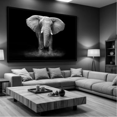 Imagem de Quadro Decorativo com Moldura Sala 90x60 Elefante Preto e Branco Luxo Grande Horizontal