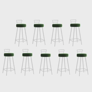 Imagem de Kit 09 Banqueta Alta Com Encosto Tina Eiffel Cozinha Bar Bistrô Ferro Branco Suede Verde Musgo - Ahazzo Móveis