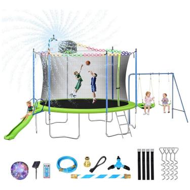 Imagem de Cama Elastica Capacidade até 10 kg com Cesta de Basquete, Balanço, Escorregador, Luz LED e Jato de Água Kids, Lyromix, Verde