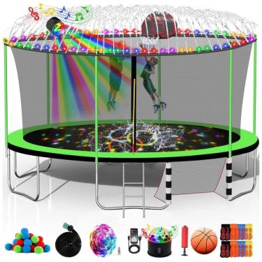 Imagem de Goujxcy 12FT 14FT 15FT 16FT Trampolim para crianças e adultos, 1500 LBS trampolins ao ar livre com cesta de basquete, luzes, sprinkler,