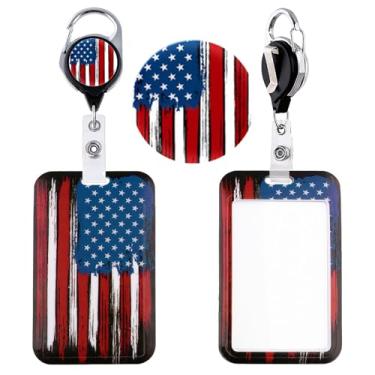 Imagem de BKBKAAK Suporte de crachá da bandeira americana com clipe retrátil resistente, suporte de etiqueta de nome vertical de plástico e clipe de crachá retrátil, capa de cartão legal para meninos, homens