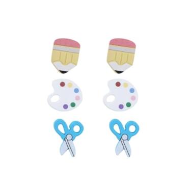 Imagem de Brincos de professor com tema escolar brilhante ABC paleta de tinta lápis lápis conjunto de brincos de pino de giz de cera de formatura presentes de volta às aulas joias de agradecimento do dia dos