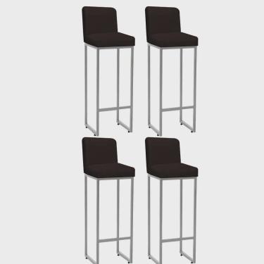 Imagem de Kit 04 Banqueta Alta Com Encosto Lucca -60cm chão até o assento Industrial Ferro Prata Sintético Marrom - Ahz Móveis