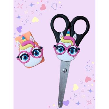 Imagem de Kit Escolar Unicórnio tesoura e borracha ou lapis pompom ou caneta esferografica unicornio fofo kawai material escoalar