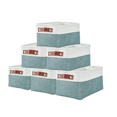 Imagem de DECOMOMO Cesta de armazenamento pequena, caixas de armazenamento de armário, cestas para prateleiras organizadoras (azul-petróleo e branco, pequeno - pacote com 6)