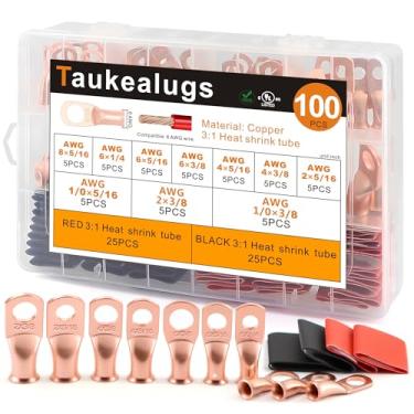 Imagem de Taukealugs Extremidades do Cabo Dos Conectores do Terminal Da Bateria de 100 Pces, Talões do Anel do Fio de Cobre do Friso Awg8-1/0 Listados Ul com Jogo Da Variedade Da Tubulação do Psiquiatra do Calo