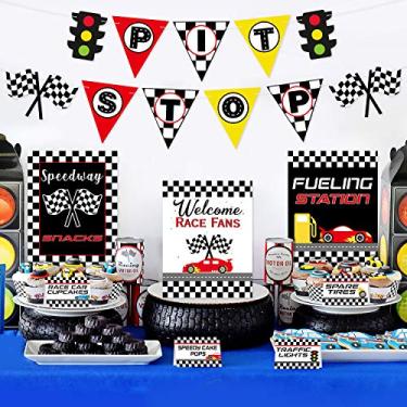 Imagem de Kit de decoração de bar de carro de corrida com placas de bar de corrida, cartões de barraca para pit stop para decoração de festa de aniversário de carro de corrida, artigos de festa temáticos Let's Go Racing