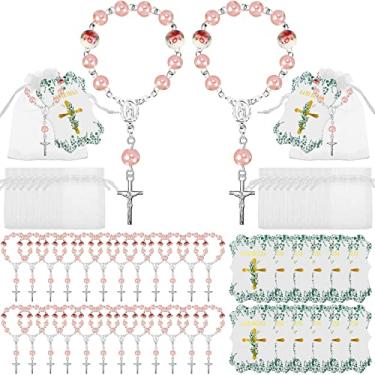 Imagem de Conjunto de 96 peças de lembrancinhas de batismo, 36 contas de rosário católico para mulher com crucifixo 36 sacos de organza com 36 etiquetas douradas Bless, Acrílico, acrílico, metal