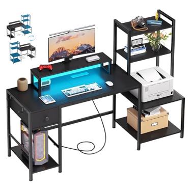 Imagem de Creso hom Mesa de computador com suporte para impressora, mesa de escritório de 150 cm com estação de carregamento, mesa de escritório em casa com LED e suporte para monitor, mesa reversível para