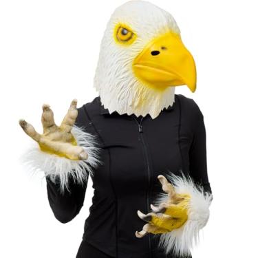 Imagem de Simgoing Conjunto de 2 fantasias de pássaros, máscara de látex de cabeça de águia e garra de animal peludo para festa de 4 de julho, conjunto de fantasia de águia para adultos, dia da independência