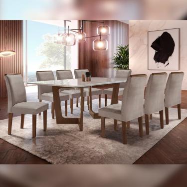 Imagem de Conjunto Sala De Jantar Nápoles Tampo Vidro/Mdf Com 8 Cadeiras Luísa Smart Plus Cel Móveis Chocolate/Off White/Marrom