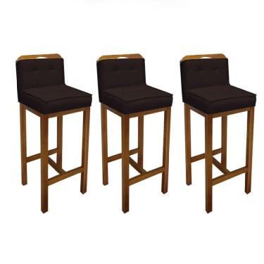 Imagem de Kit 03 Banqueta Alta Com Encosto Agnes Cozinha Balcão Bistrô Base Madeira Carvalho Corino Marrom