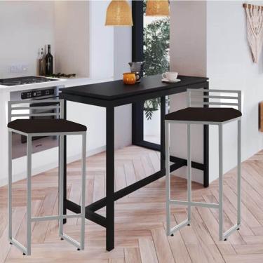 Imagem de Kit 02 Banqueta Alta Com Encosto Núria Balcão Bar Cozinha Bistrô Ferro Cinza Sintético Marrom