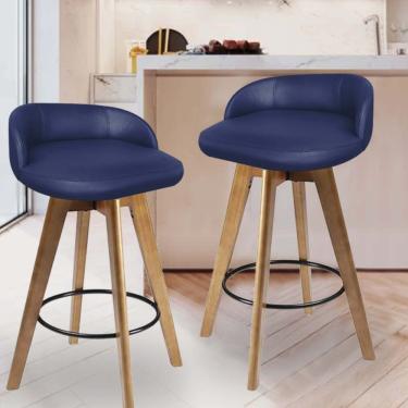 Imagem de Kit 02 Banqueta Alta Com Encosto Berlim Base Giratória Madeira Corino Azul Marinho