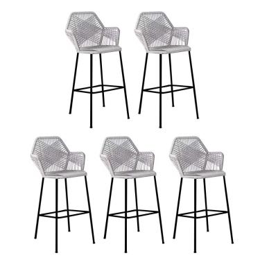 Imagem de Kit 05 Banqueta Alta Com Encosto Sttar Cozinha Balcão Ferro Preto Fibra Cinza - Amey Decor