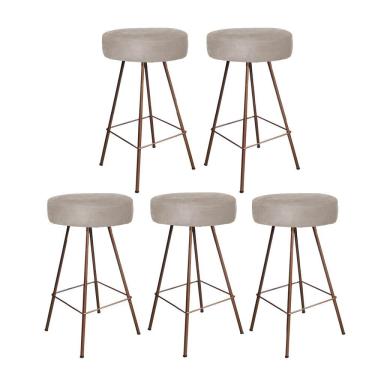 Imagem de Kit 05 Banqueta Alta Laisa Industrial Redonda Cozinha Bar Bistrô Ferro Bronze Tecido Sintético Bege
