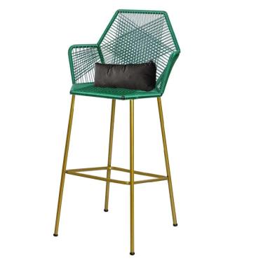 Imagem de Banqueta Alta Sttar Ferro Dourado Fibra Verde Almofada Corino Cinza - Amey Decor
