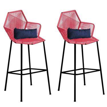 Imagem de Kit 02 Banqueta Alta Sttar Ferro Preto Fibra Coral Almofada Corino Azul Marinho