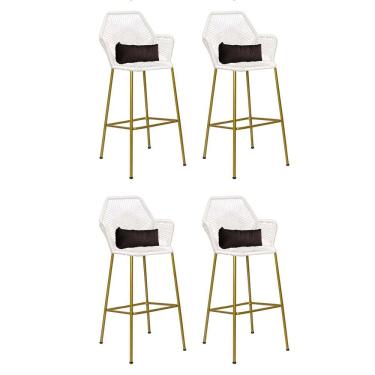 Imagem de Kit 04 Banqueta Alta Sttar Ferro Dourado Fibra Branco Almofada Suede Marrom - Amey Decor