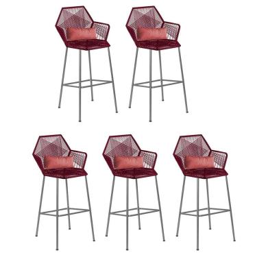 Imagem de Kit 05 Banqueta Alta Com Encosto Sttar Ferro Prata Fibra Marsala Almofada Suede Rose Gold