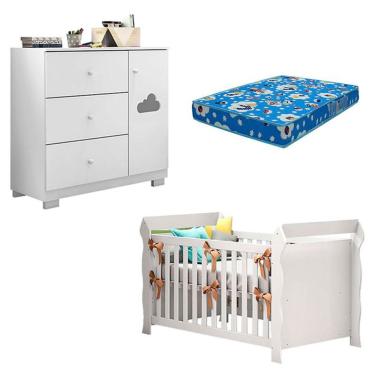 Imagem de Kit Berço Americano Lara e Cômoda Infantil Ane 1 Porta 3 Gavetas em MDF 154 cm Branco Phoenix Baby