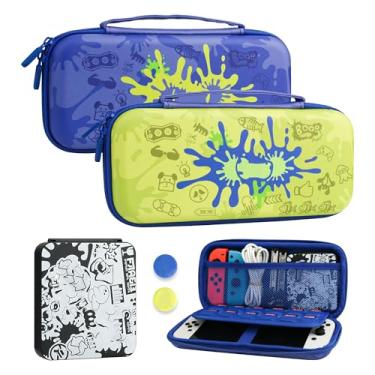 Imagem de FUNDIARY Blue and Green Travel Carrying Case for Nintendo Switch and Switch OLED with Splatoon 3 Design, Cool Shockproof Accessories Bundle with Slim Portable Storage Bag, Game Case and 2 Thumb Caps