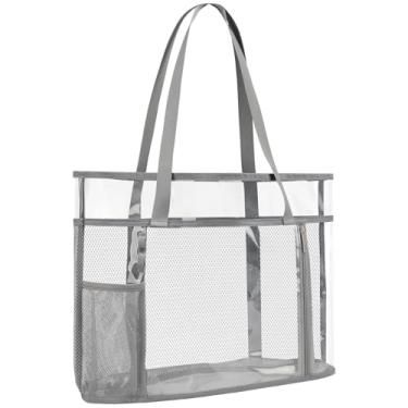 Imagem de TINYAT Bolsa de praia feminina de grande capacidade - impermeável, à prova de areia, 6 bolsos com zíper, academia, viagem, bolsa de compras, Cinza/W905, One Size