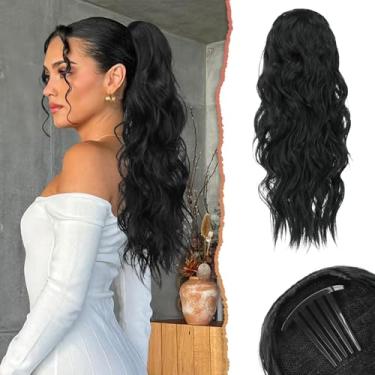 Imagem de SOFEIYAN Extensão De Rabo Cavalo Com Cordão Sofeiyan, 24" Ondulado, Cacheado, Presilha, Pente Em Extensões, Rabos Grossos E Fofos, Apliques Sintéticos Para Mulheres - Preto