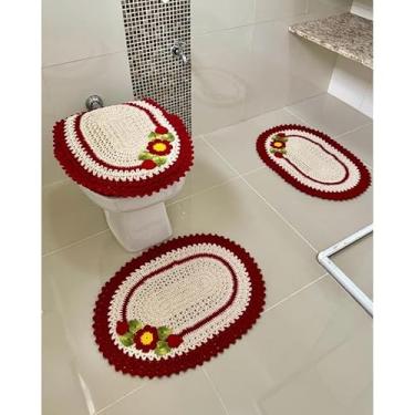 Imagem de Jogo De Banheiro Em Crochê com 3 Peças Ponteira Artesanal (Vermelho)