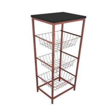 Imagem de Fruteira De Cozinha De Chão Montreal Em Aço E Mdf 3 Cestos Cobre e Pre