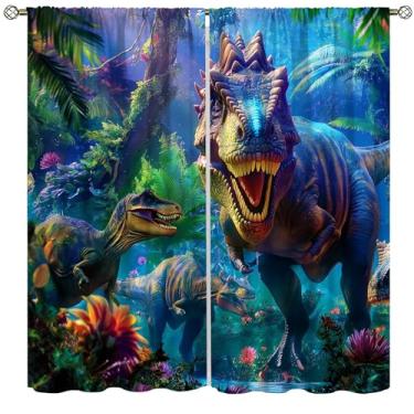 Imagem de Cortinas de dinossauro, fantasia Jurássico colorido floresta primitiva tiranossauro rex animal forrageamento para alimentos tratamentos de janela blackout, cortinas de isolamento térmico para crianças
